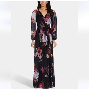 Adrianna Papell Floral Chiffon Maxi Dress Gown Sz 10 Dark Romantic Garden Party